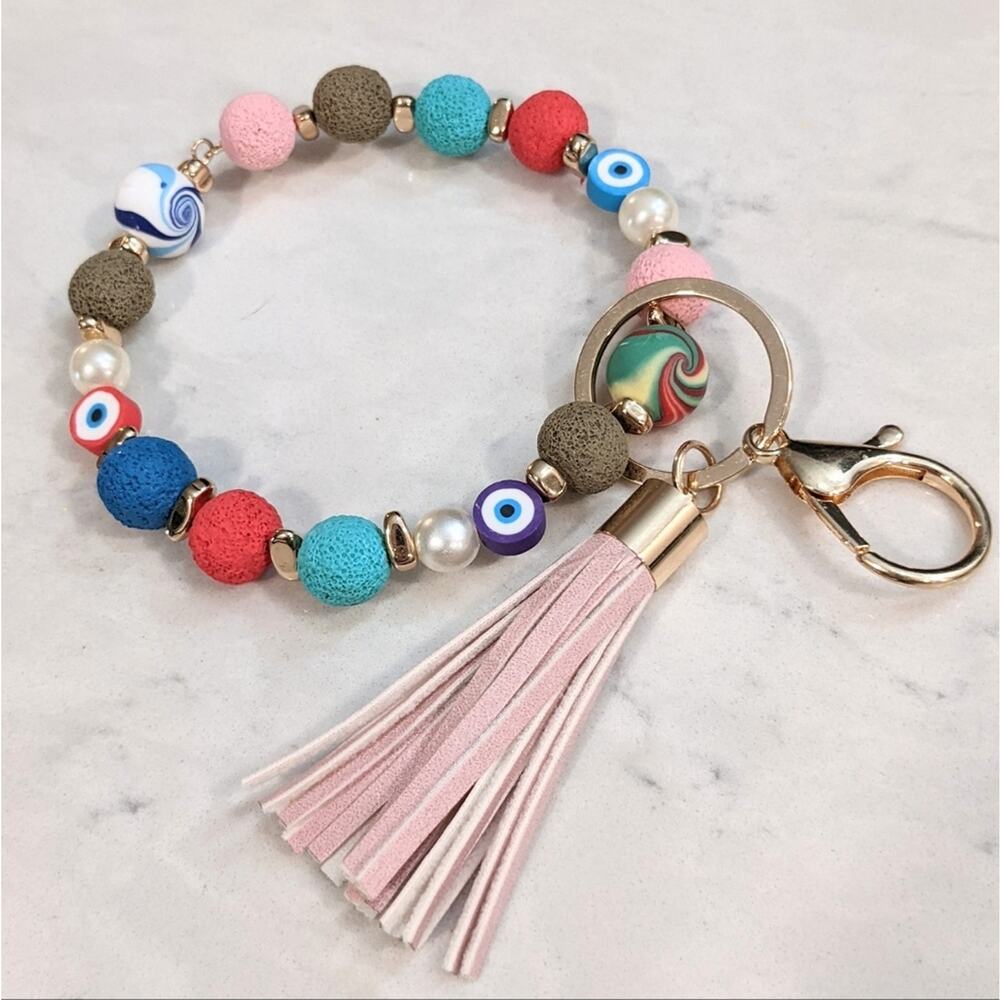 BEADY EYED Beaded Tassel Hoop Style Gold Tone Keychain